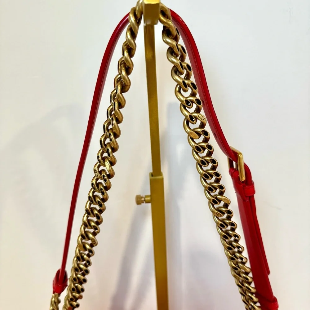 Christian Dior Diorama Red Leather Medium Flap Bag W Gold Studs & Chain Strap